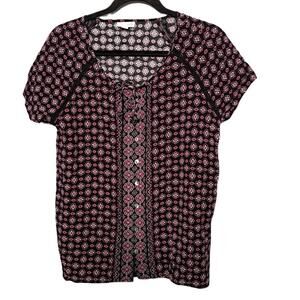 J. Jill Women's Black Floral Print Short Sleeve Peasant Top Blouse Size M